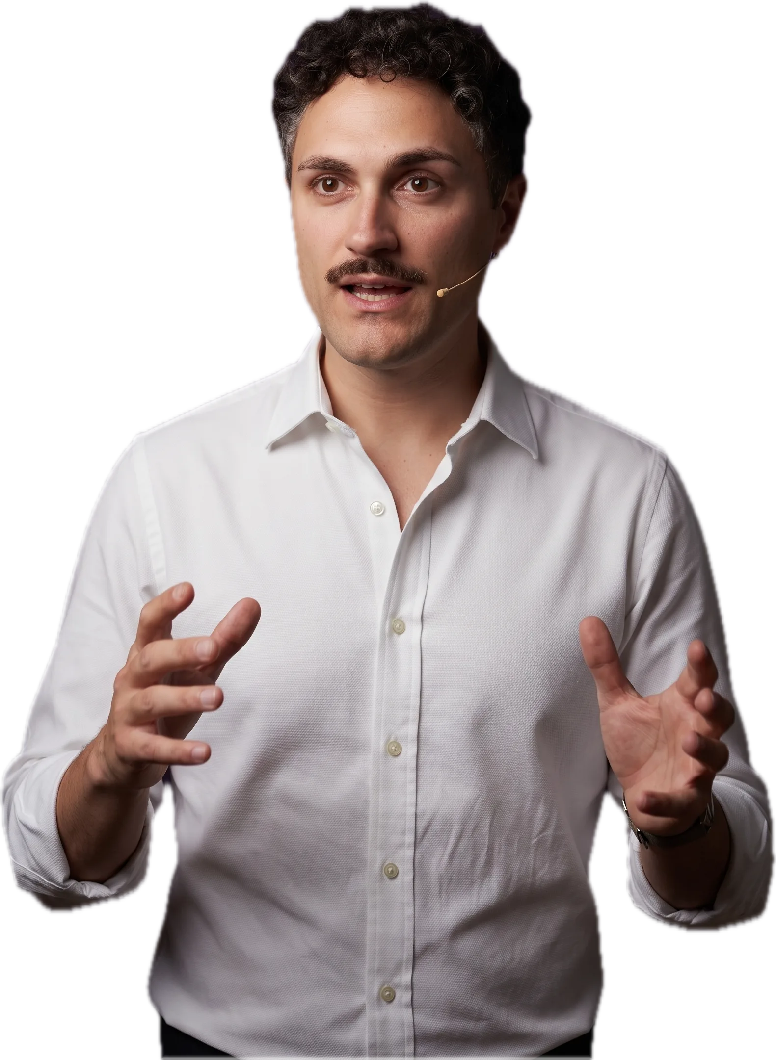 Davide Scalera parla col microfono ad archetto, le mani aperte all’altezza del petto