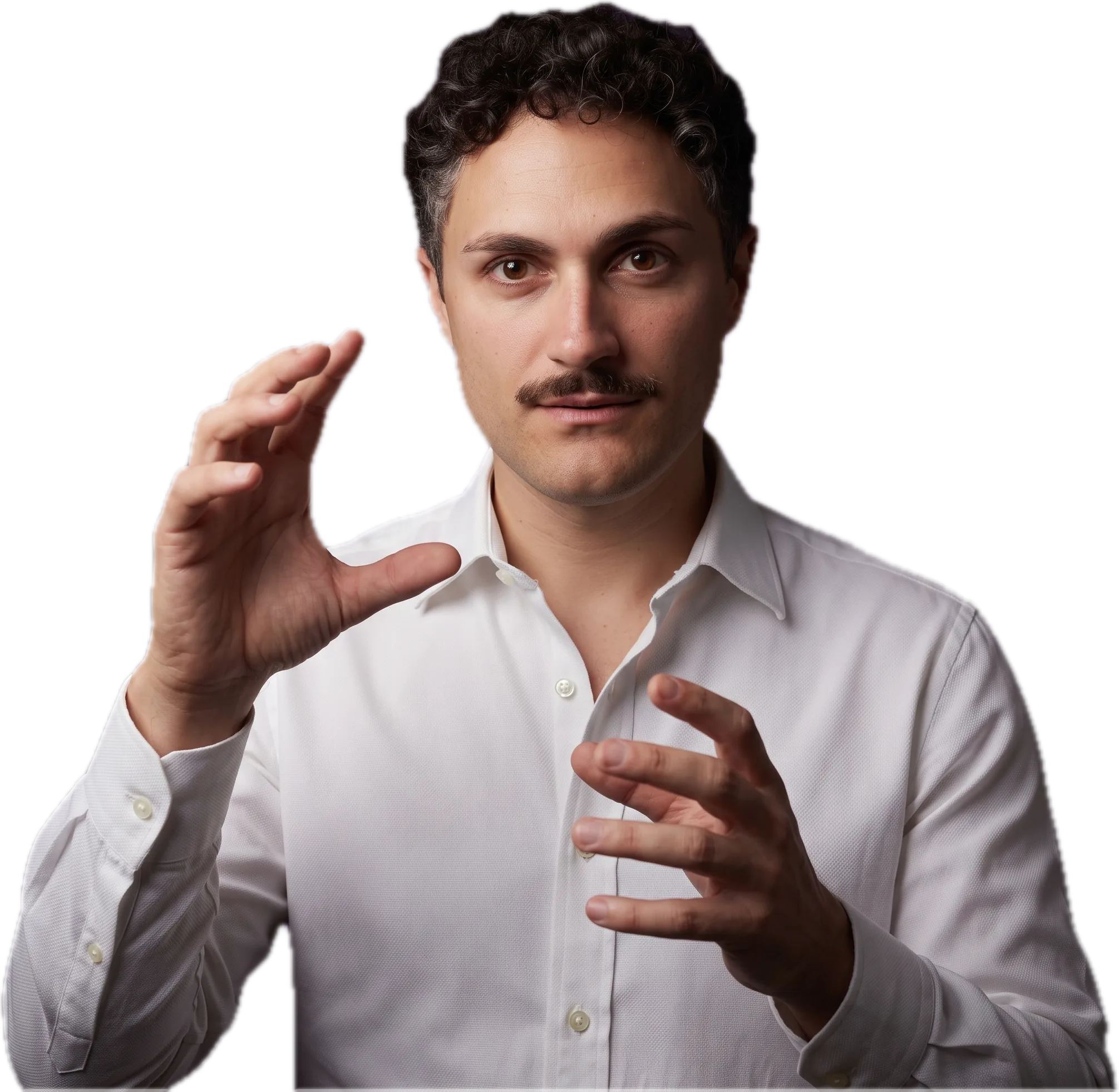 Davide Scalera con le due mani alzate, come a disegnare qualcosa in aria